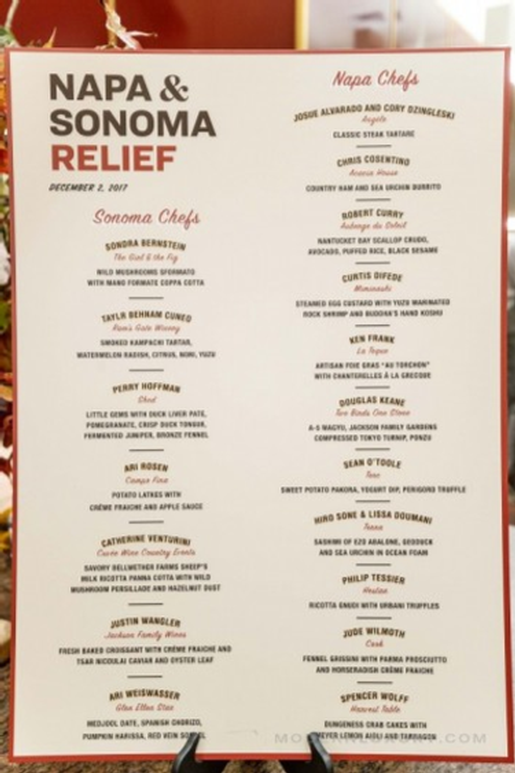 Menu for Napa & Sonoma Relief featuring wines from various Napa chefs and chefs from Sonoma, with details of each wine and a.