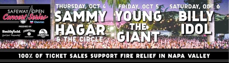 90 Plus Wine Club event poster featuring Sammy Hagar, The Circle, The Giant, and Billy Idol in Napa.